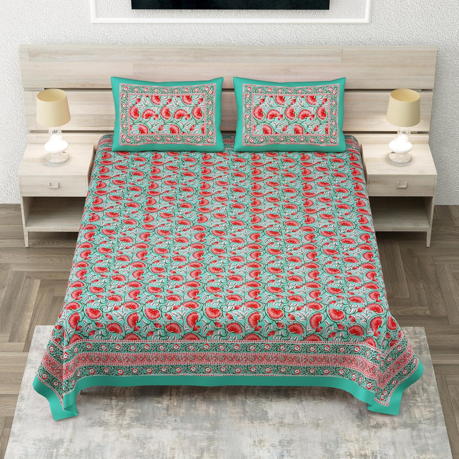 Hand Printed Double Bedsheet For King Size With 2 Pillow Covers | 90 X 108 Inches, Turquoise & Pink | Ultra-Soft & Skin-Safe | Breathable Summer Comfort