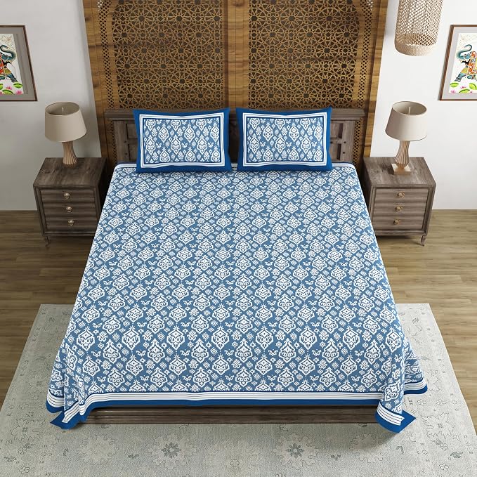 Hand Block Printed Cotton King Size Bedsheet With 2 Pillow Covers, 106 X 106 Inches, Blue | 200 Thread Count-Good For Villas, Guest Houses, & Daily Home Use