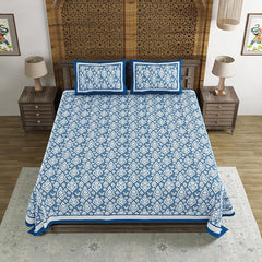 Hand Block Printed Cotton King Size Bedsheet With 2 Pillow Covers, 106 X 106 Inches, Blue | 200 Thread Count-Good For Villas, Guest Houses, & Daily Home Use