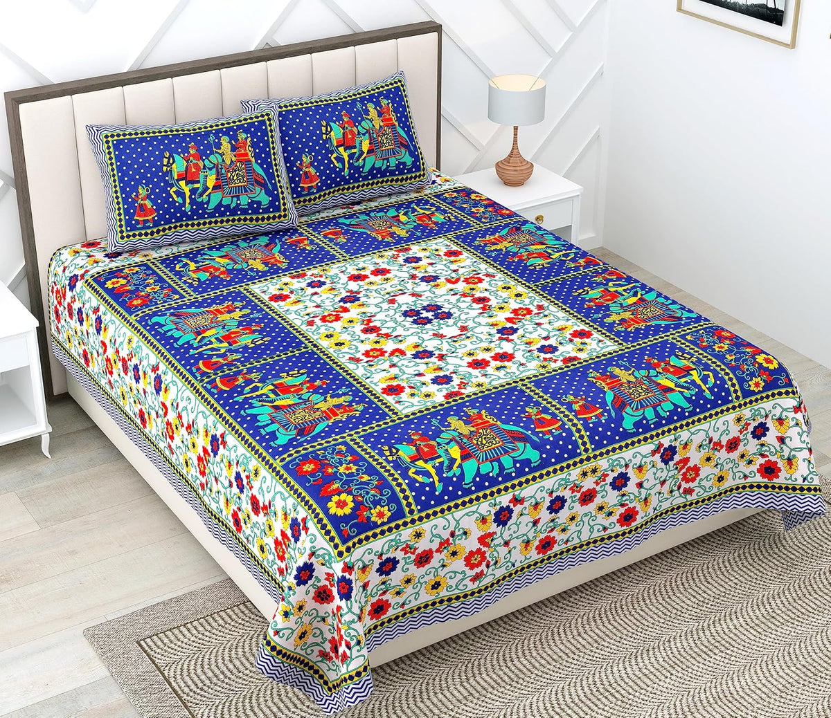 Cotton Double Bedsheet For King Size With Two Matching Pillow Covers - 90 X 100 Inches, Multicolor | Super Soft Breathable & Wrinkle Free