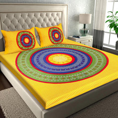 Pure 100% Cotton Double Bed Sheet With 2 Pillow Covers - 90 X 100 Inches, Yellow | Beautifully Handcrafted Traditional Bedsheets - Skin Friendly Fabric