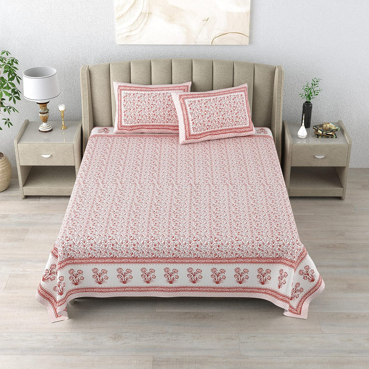 King Size Double Bedsheet With 2 Matching Pillow Covers Set | 90 X 108 Inches, White & Pink - Designer Printed Bedsheet Set | Perfectly Styled & Coordinated Look Bedsheet