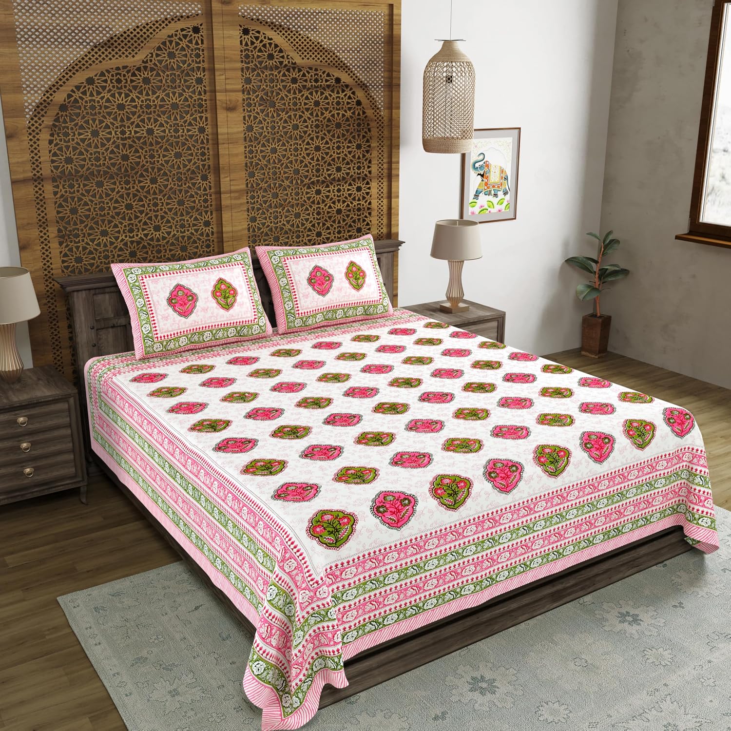 Hand Block Printed Cotton King Size Bedsheet With 2 Pillow Covers, 90 X 108 Inches, White | Good For Villas, Guest Houses, & Daily Home Use