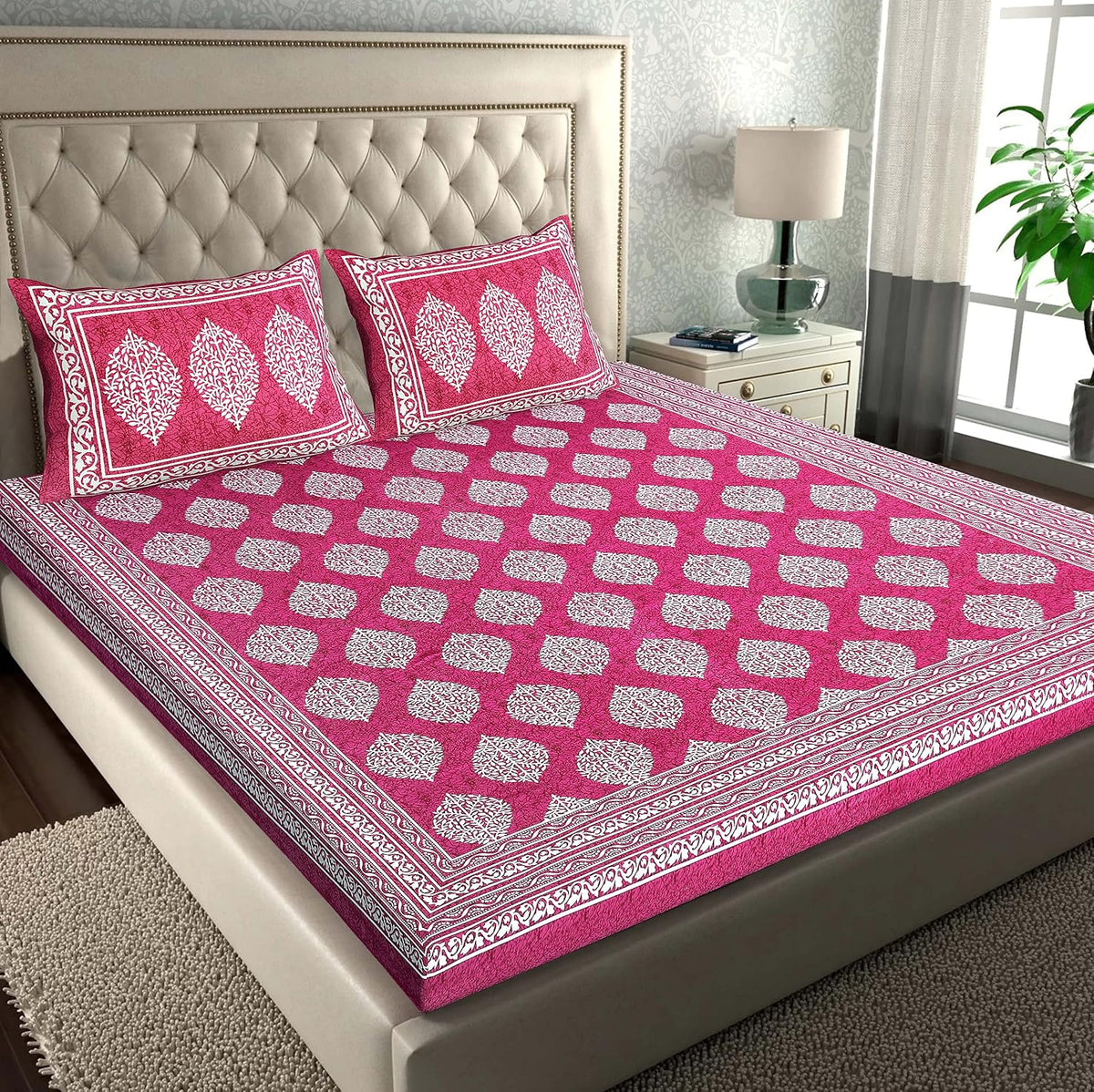 Cotton Double Bedsheet For King Size With Two Matching Pillow Covers - 90 X 94 Inches, Pink | Super Soft Breathable & Wrinkle Free