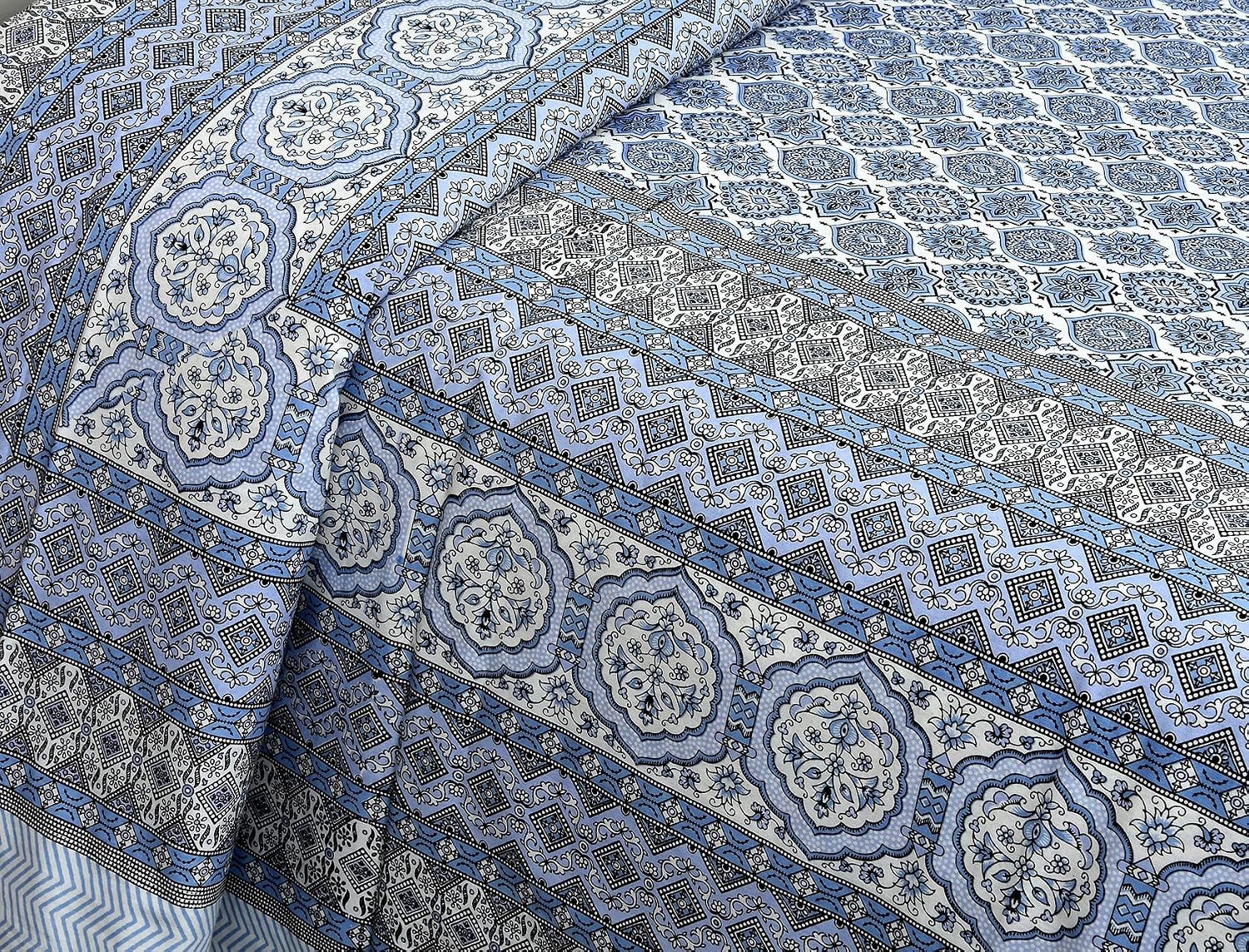 Traditional Rajasthani Design Bedsheet With 2 Pillow Covers - 90 X 108 Inches, Ocean Blue | Color Fade Resistant & Shrinkage Resistant For All-Season Use