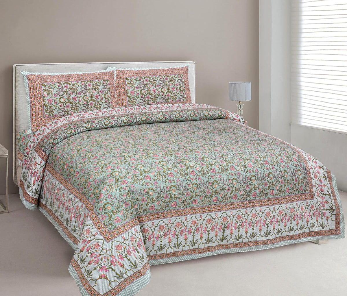Jaipuri Cotton Double Bedsheet For Queen Size With 2 Pillow Cover (90 X 108 Inches) Green & Pink | Premium Cotton Material - Ideal For House, Hotel, Guest House