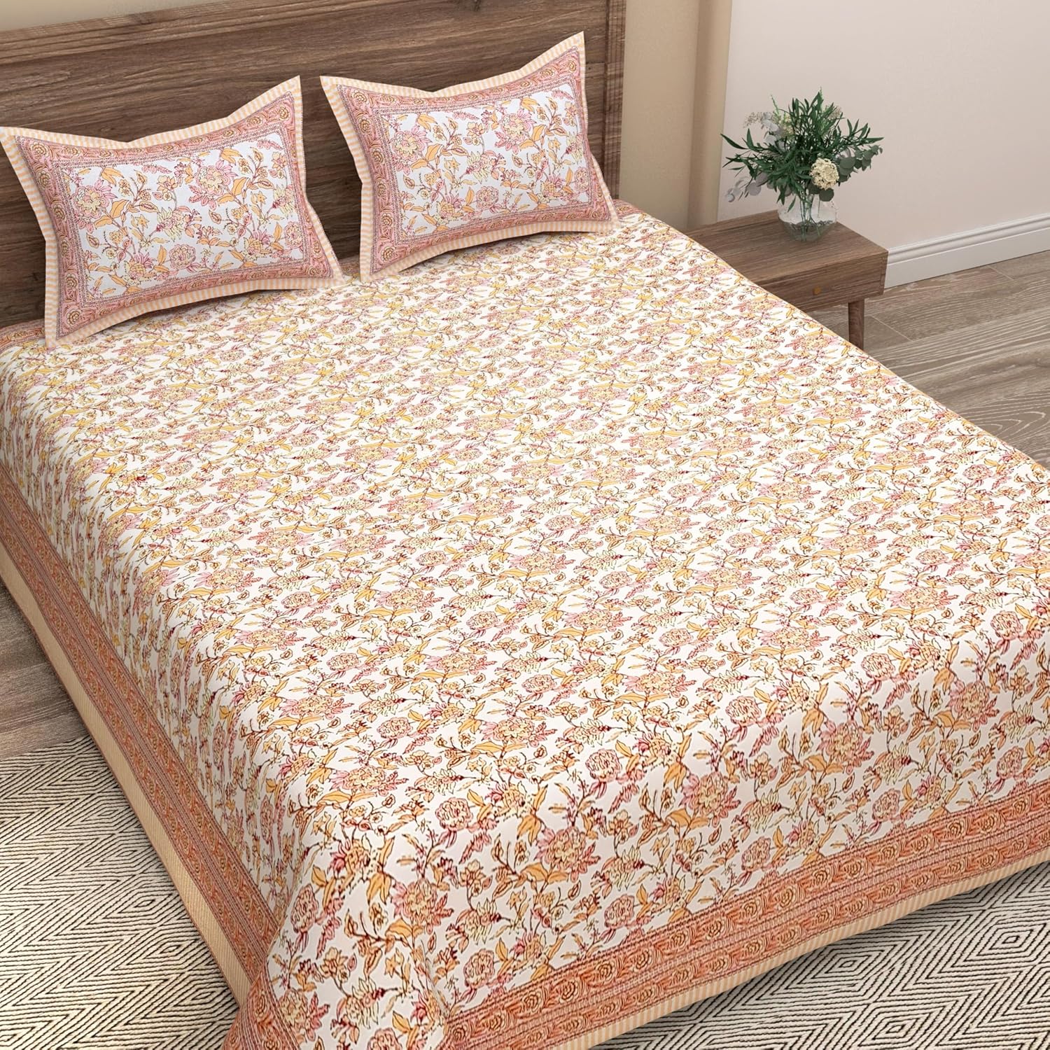 Traditional Rajasthani Design Bedsheet With 2 Pillow Covers - 90 X 108 Inches, Peach & Yellow | Color Fade Resistant & Shrinkage Resistant For All-Season Use