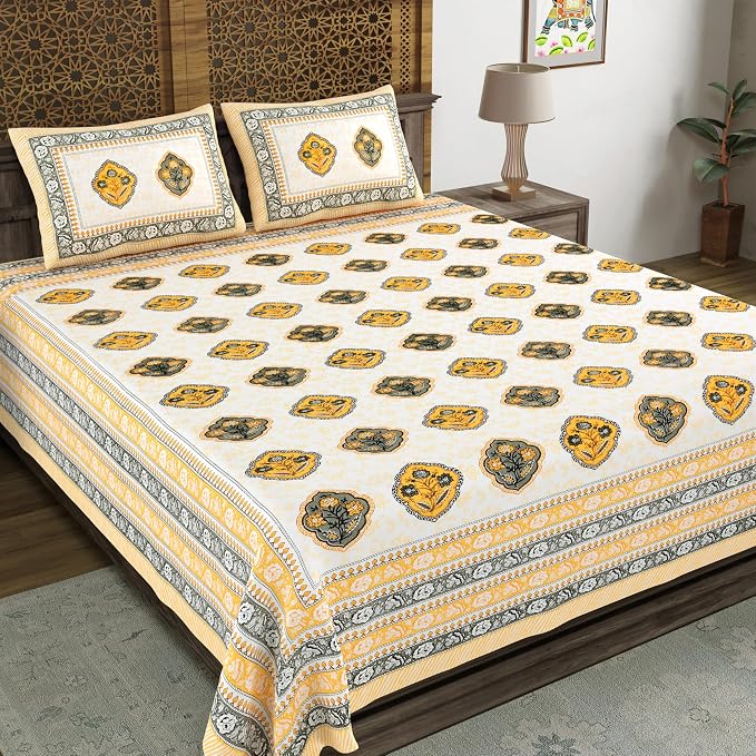 Traditional Hand Block Printed Cotton King Size Bedsheet With 2 Pillow Covers, 90 X 108 Inches, Yellow | Vibrant Bedding For Stylish Bedrooms