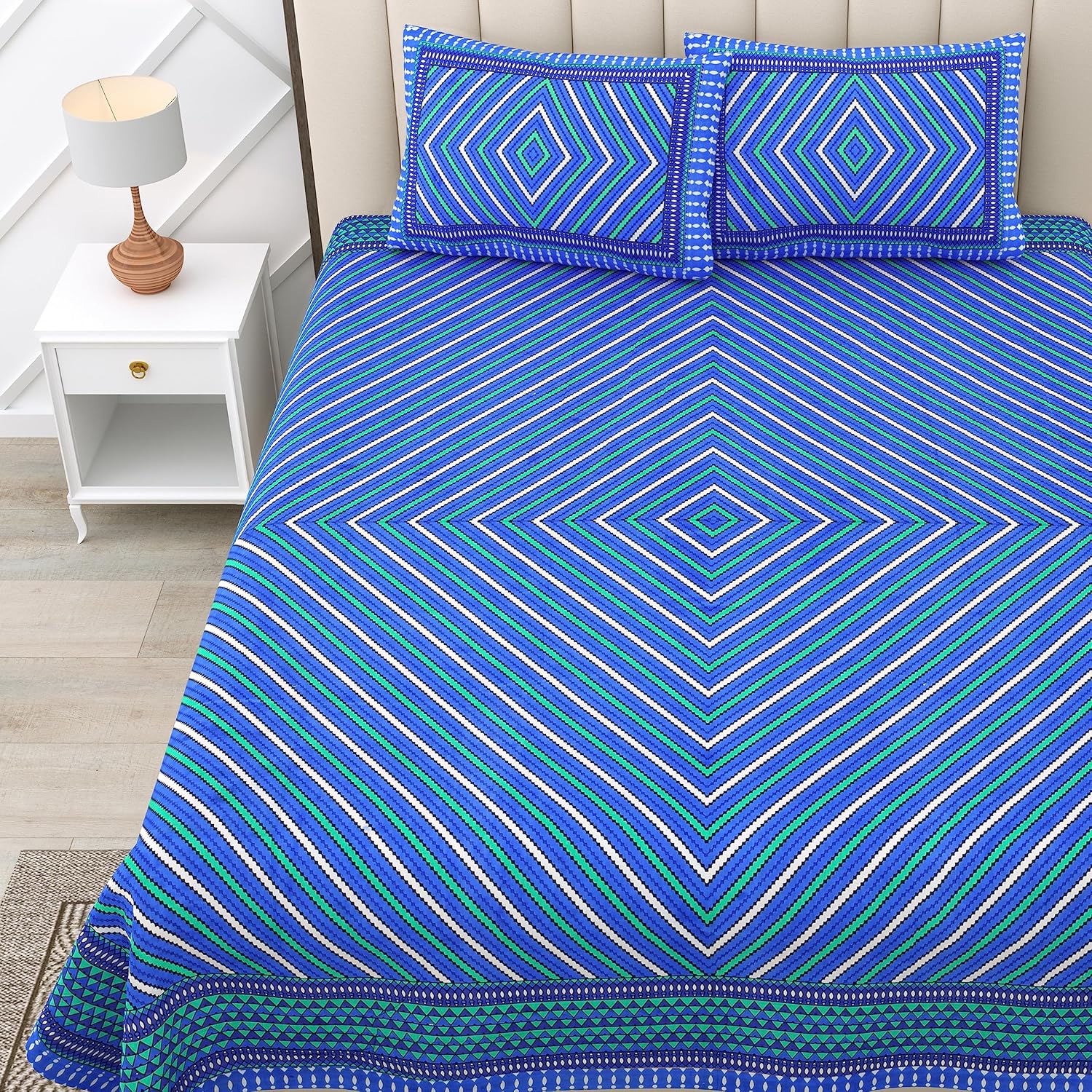 Cotton Double Bedsheet For King Size With Two Matching Pillow Covers - 90 X 94 Inches, Blue | Super Soft Breathable & Wrinkle Free