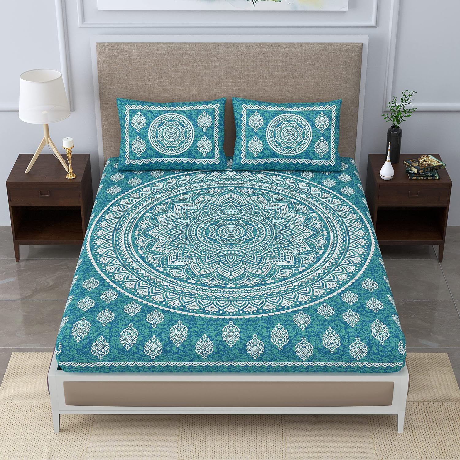 Printed Bedsheet For Double Bed King Size With 2 Pillow Covers - 106 X 106 Inches, Sea Green | Long Lasting & Soft 120 Thread Count Bedsheet | Traditional Jaipuri Printed Bedsheet
