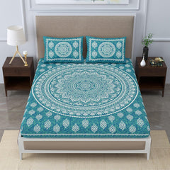 Printed Bedsheet For Double Bed King Size With 2 Pillow Covers - 106 X 106 Inches, Sea Green | Long Lasting & Soft 120 Thread Count Bedsheet | Traditional Jaipuri Printed Bedsheet