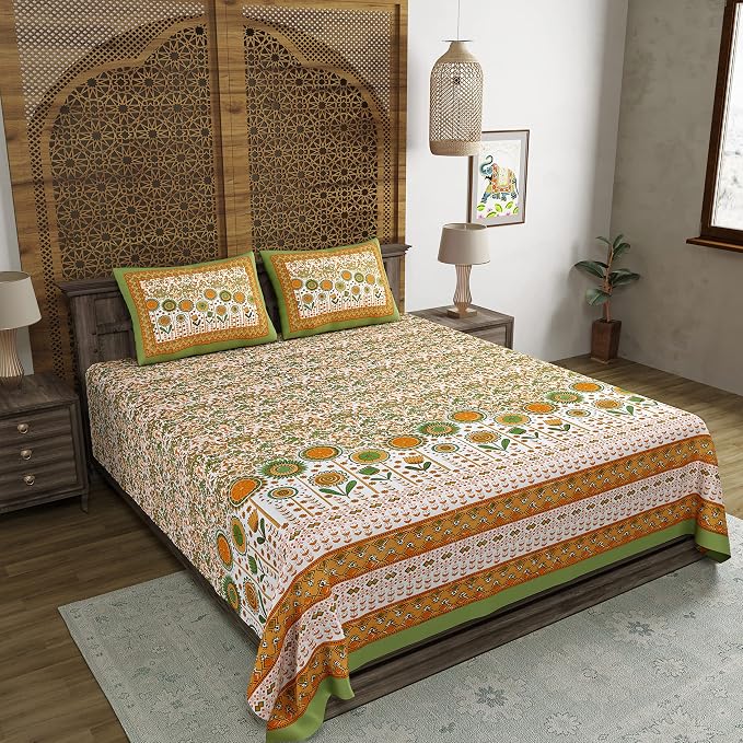 Traditional Hand Block Printed Cotton King Size Bedsheet With 2 Pillow Covers, 106 X 106 Inches, Multicolor | 200 Thread Count-Vibrant Bedding For Stylish Bedrooms