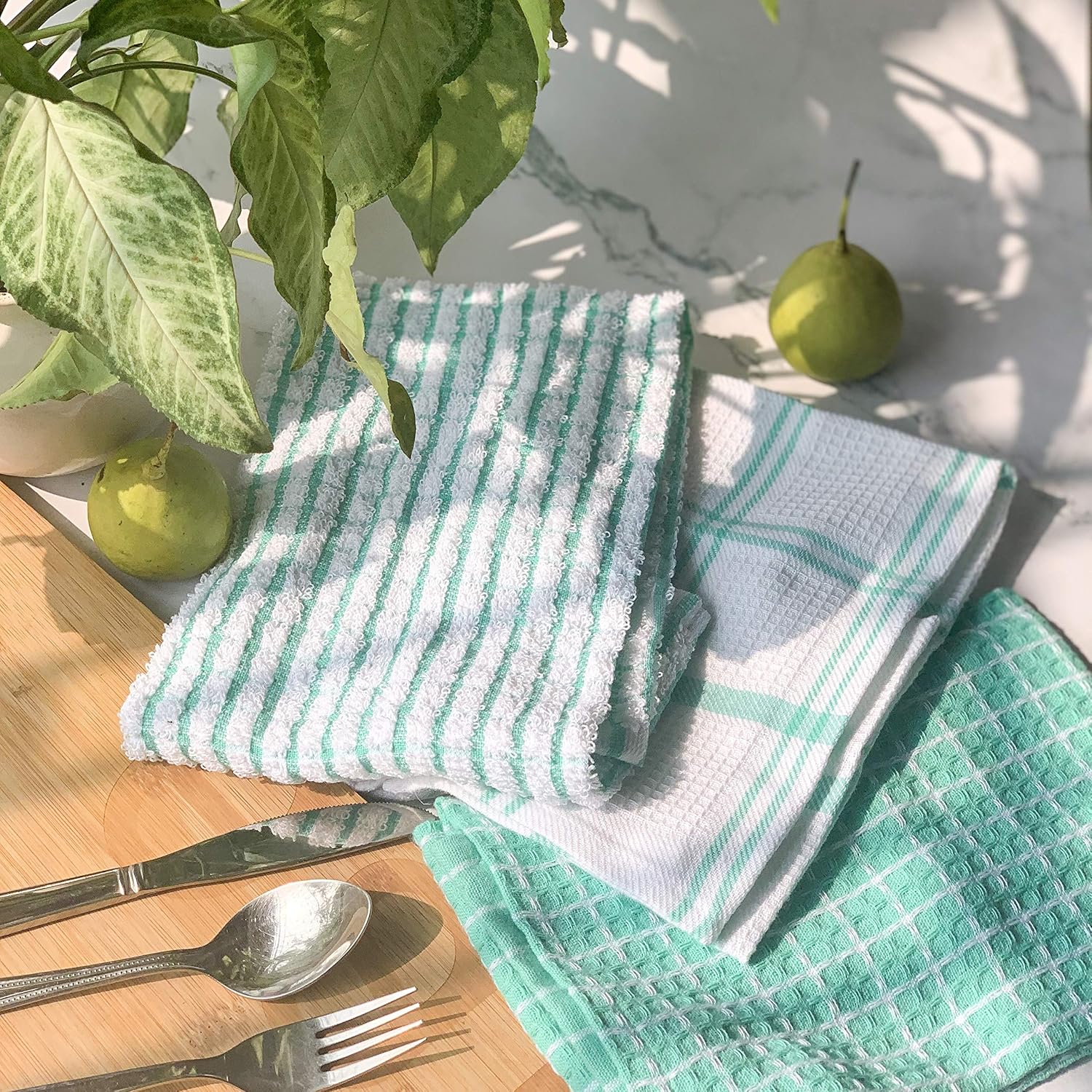 Pixel Home Cotton Multi-Purpose Terry & Waffle Dish Cloths Kitchen Wiping Cleaning Towel 300 Gsm -Set Of 6 (Green)