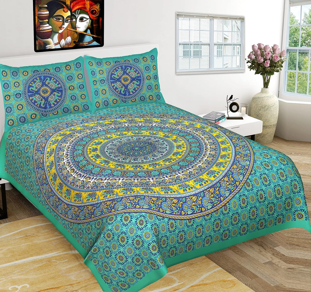 Printed Bedsheet For Double Bed With 2 Pillow Covers - 83 X 94 Inches, Green | Ideal For Hotel, Guest House, Home | Traditional Jaipuri Bedsheets