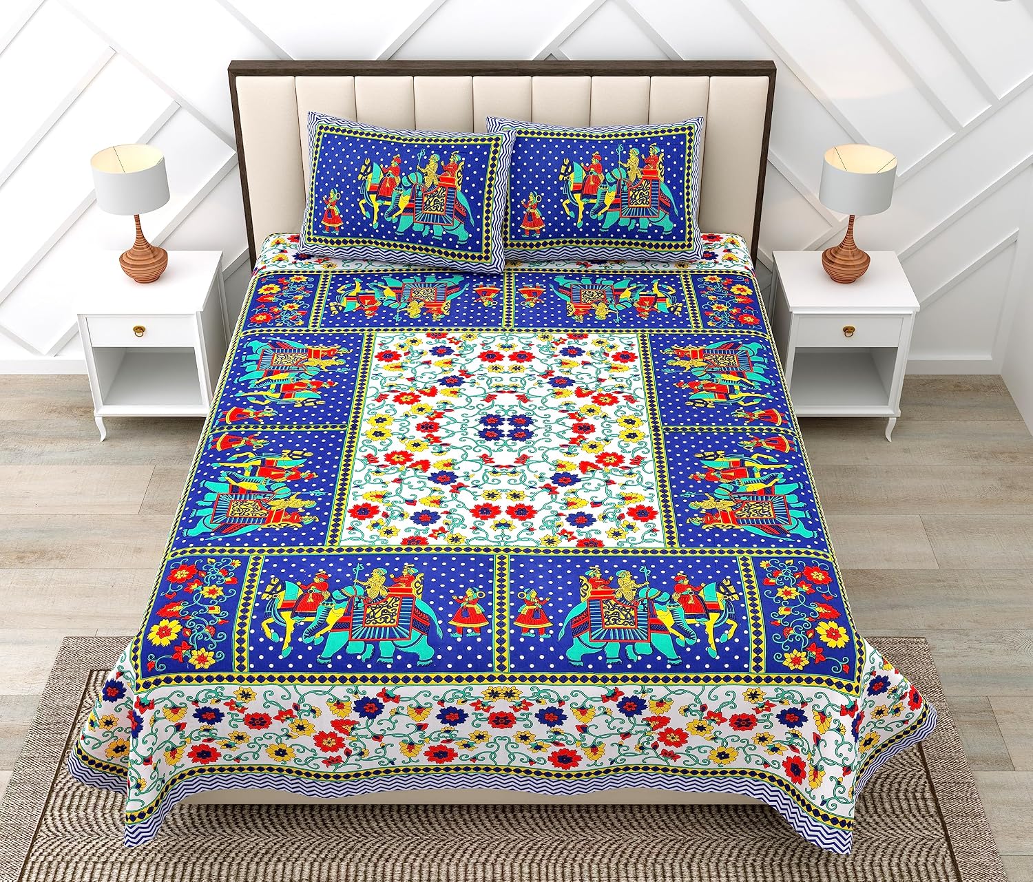 Cotton Double Bedsheet For King Size With Two Matching Pillow Covers - 90 X 100 Inches, Multicolor | Super Soft Breathable & Wrinkle Free
