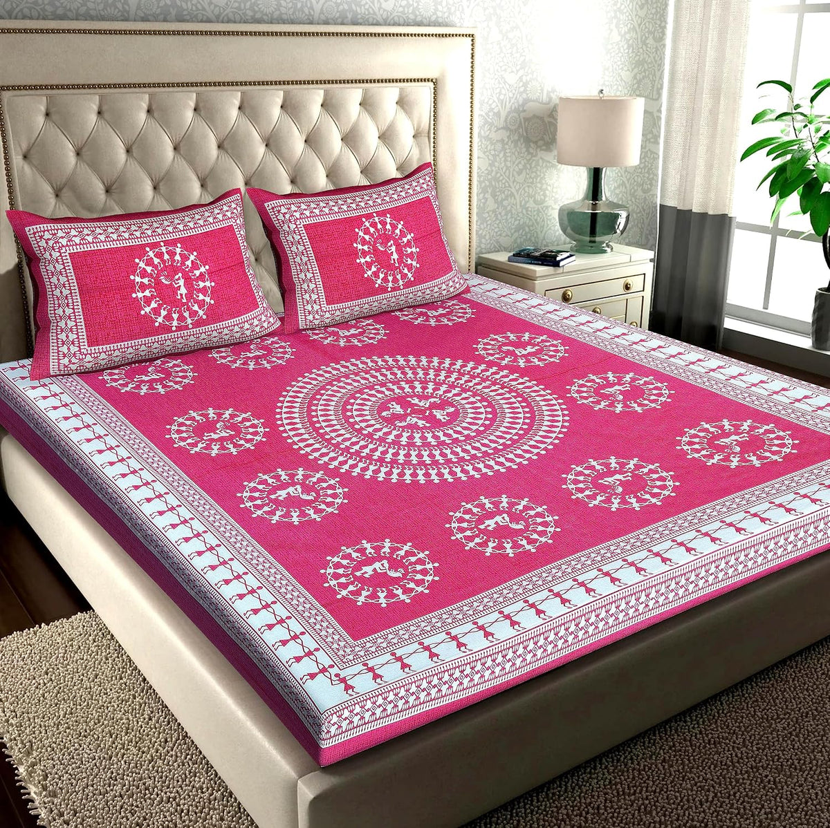 Printed Double Bedsheets For King Size With Tow Matching Pillow Covers - 90 X 100 Inches, Pink & White | Comfort Jaipuri Collection Bedsheet - Suitable For All Seasons
