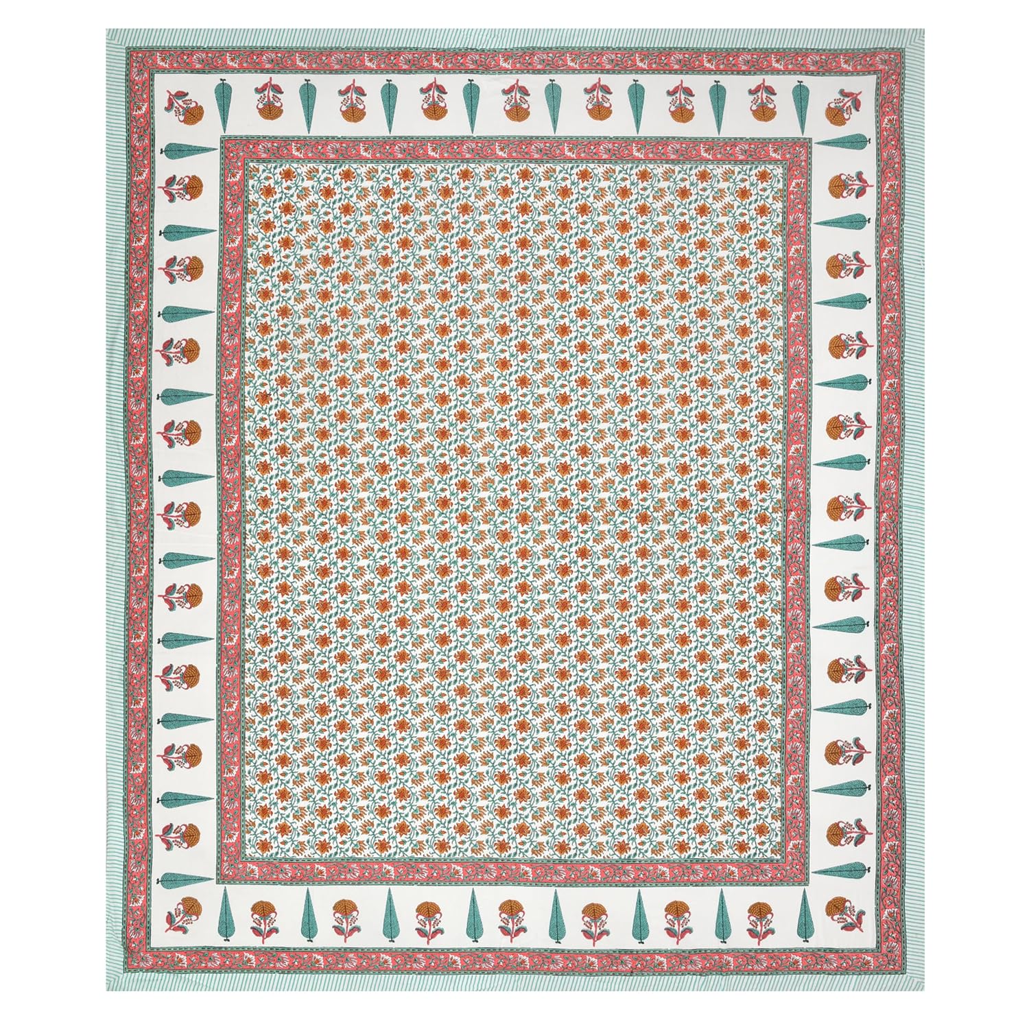 Double Bedsheet For King Size With 2 Matching Pillow Covers (90 X 108 Inches) Green & Red | Pure Cotton Jaipuri Bedsheet | Cotton Bedsheet Is Suitable For All Seasons