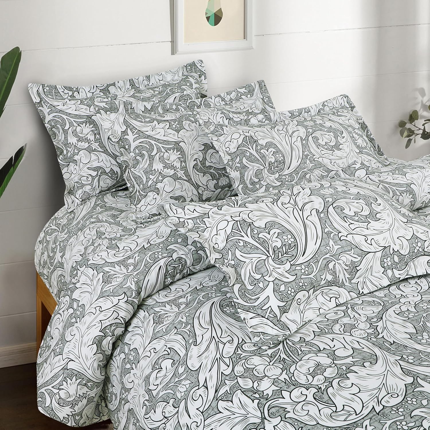 Printed Queen Size Double Bed Bedsheet With 2 Pillow Cover | 60 X 78 Inches, Grey & White - Breathable, Stain & Wrinkle Resistant | All Around Elastic Fitted Bedsheet