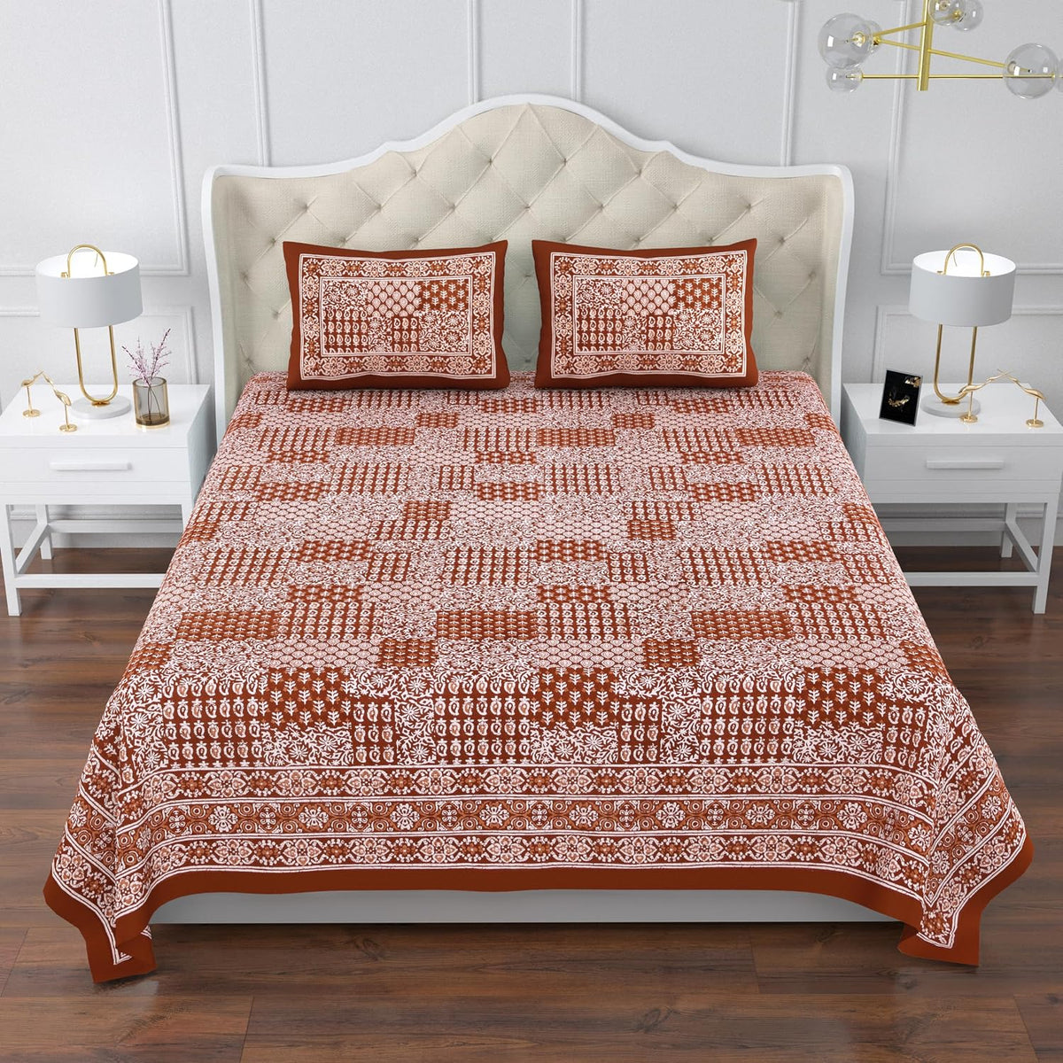 Printed Cotton Double Bedsheet For King Size With 2 Pillow Covers (95 X 108 Inches) Brown | 280 Thread Count - Pure Cotton Natural Fabric & Skin-Safe | Extra Soft & Wrinkle Free