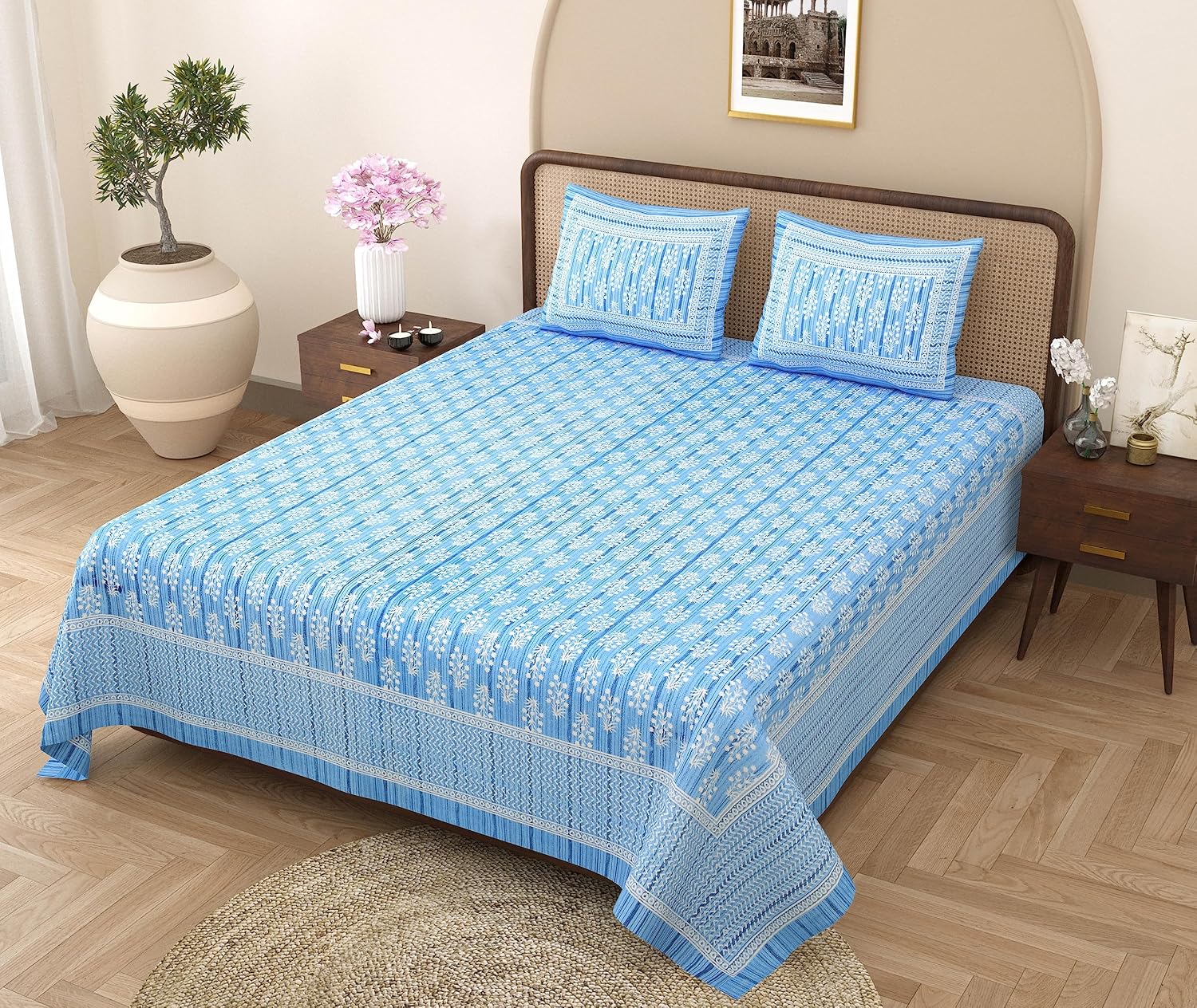 Jaipuri Bedsheets For Double Bed King Size With 2 Pillow Covers - 90 X 108 Inches, Light Blue | Soft & Durable For Everyday Use & Bedroom - All Season Comfort