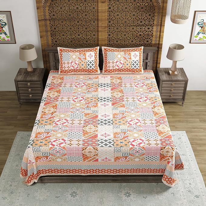 Traditional Hand Block Printed Cotton King Size Bedsheet With 2 Pillow Covers, 90 X 108 Inches, Multicolor | 200 Thread Count-Vibrant Bedding For Stylish Bedrooms