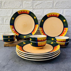 Boho Fiesta Hand Painted Ceramic Dinner Set - 12 Pieces, Multicolor | 6 Dinner Plates + 6 Katori Serving Bowls, 180ml Each Dinnerware Set | Serving For 6, Microwave Safe & Dishwasher Safe