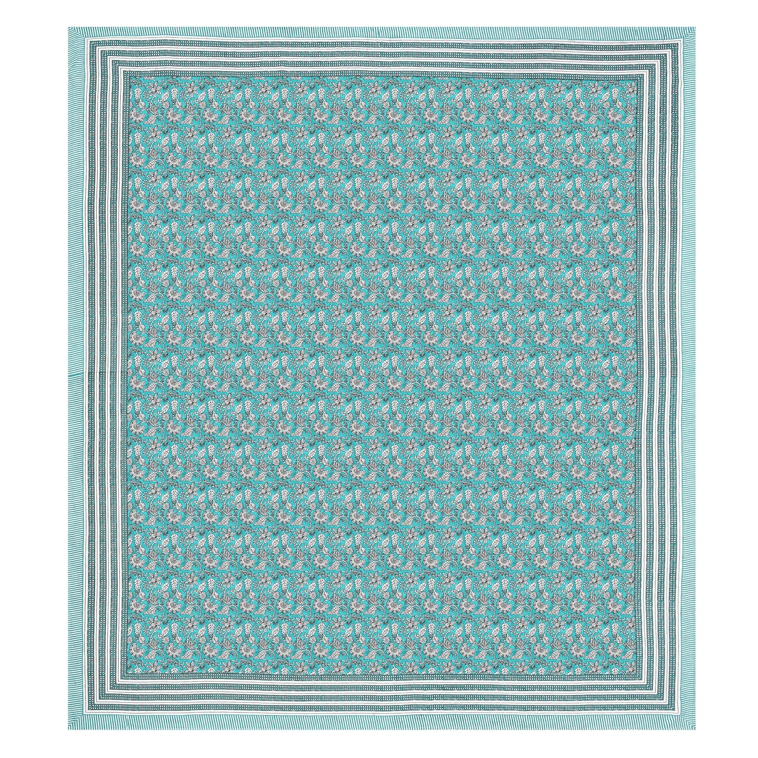Bedsheet For Queen Bed With 2 Pillow Covers - 90 X 108 Inches, Aqua Blue | Pure Cotton Traditional Jaipuri Printed | Ideal For Both Everyday Use & Special Events