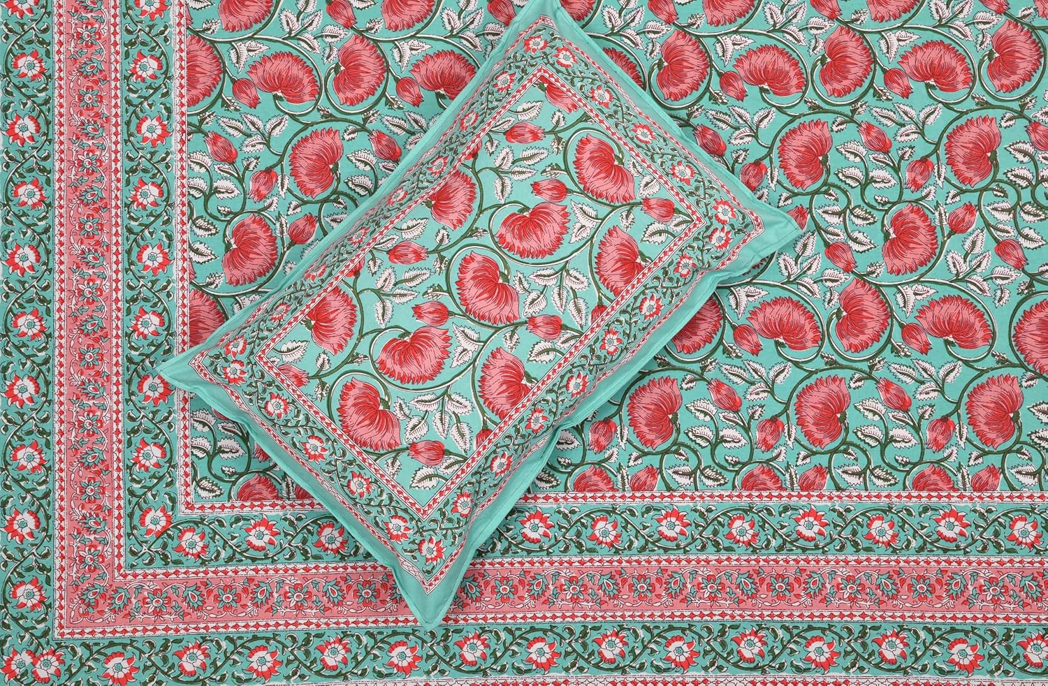 Hand Printed Double Bedsheet For King Size With 2 Pillow Covers | 90 X 108 Inches, Turquoise & Pink | Ultra-Soft & Skin-Safe | Breathable Summer Comfort