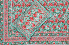 Hand Printed Double Bedsheet For King Size With 2 Pillow Covers | 90 X 108 Inches, Turquoise & Pink | Ultra-Soft & Skin-Safe | Breathable Summer Comfort
