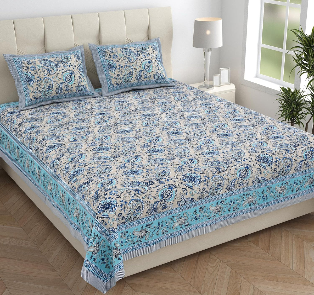 Pure Cotton Double Bedsheet For King Size With 2 Pillow Covers | 90 X 108 Inches, Cream & Sky Blue | Ultra-Soft & Skin-Safe | Breathable Summer Comfort