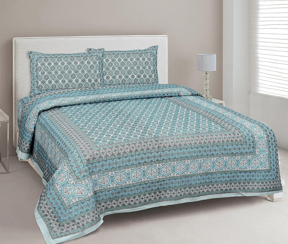 Traditional Rajasthani Design Bedsheet With 2 Pillow Covers - 90 X 108 Inches, Teal | Color Fade Resistant & Shrinkage Resistant For All-Season Use