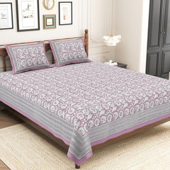 Pure Cotton King Size Bedsheet 2 Matching Pillow Covers | 100x108 Inches, Lavender & White | Traditional Jaipuri Printed Bedsheet | Ideal Wedding Gift, Housewarming, Special Occasion Surprise