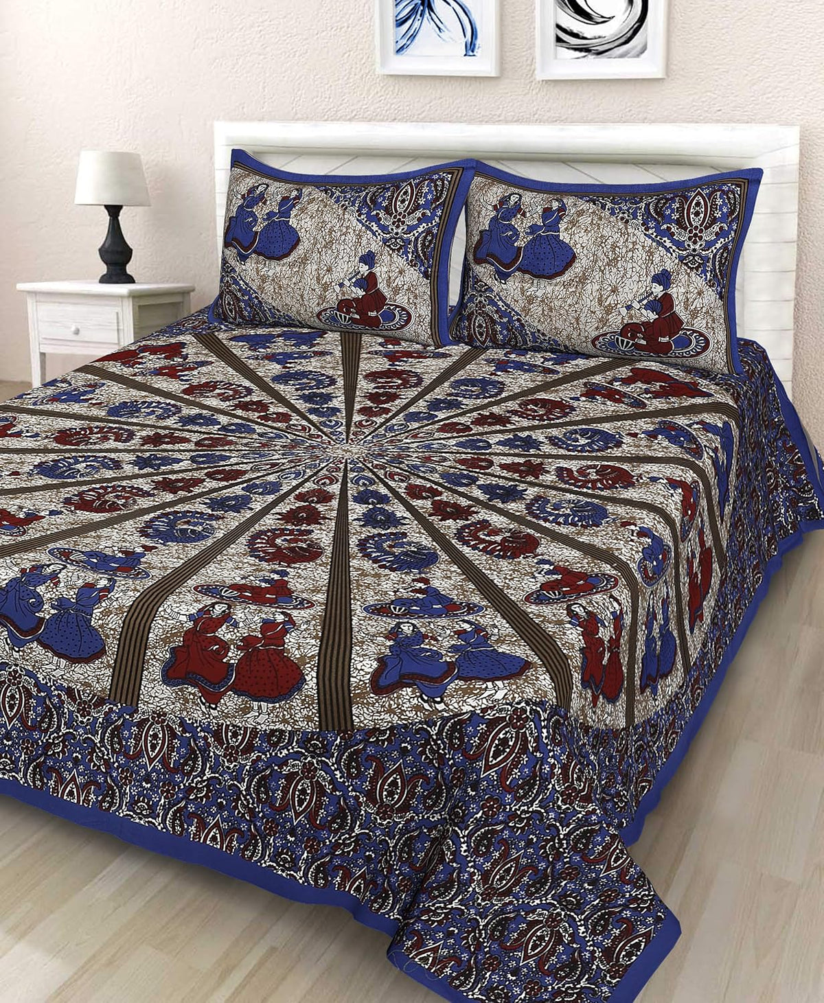 Jaipuri Traditional Queen Size Double Bedsheet With 2 King Size Pillow Covers - 84 X 93 Inches, Blue & Brown | Unique Design & Color Combination Perfectly Suits To Your Bedroom