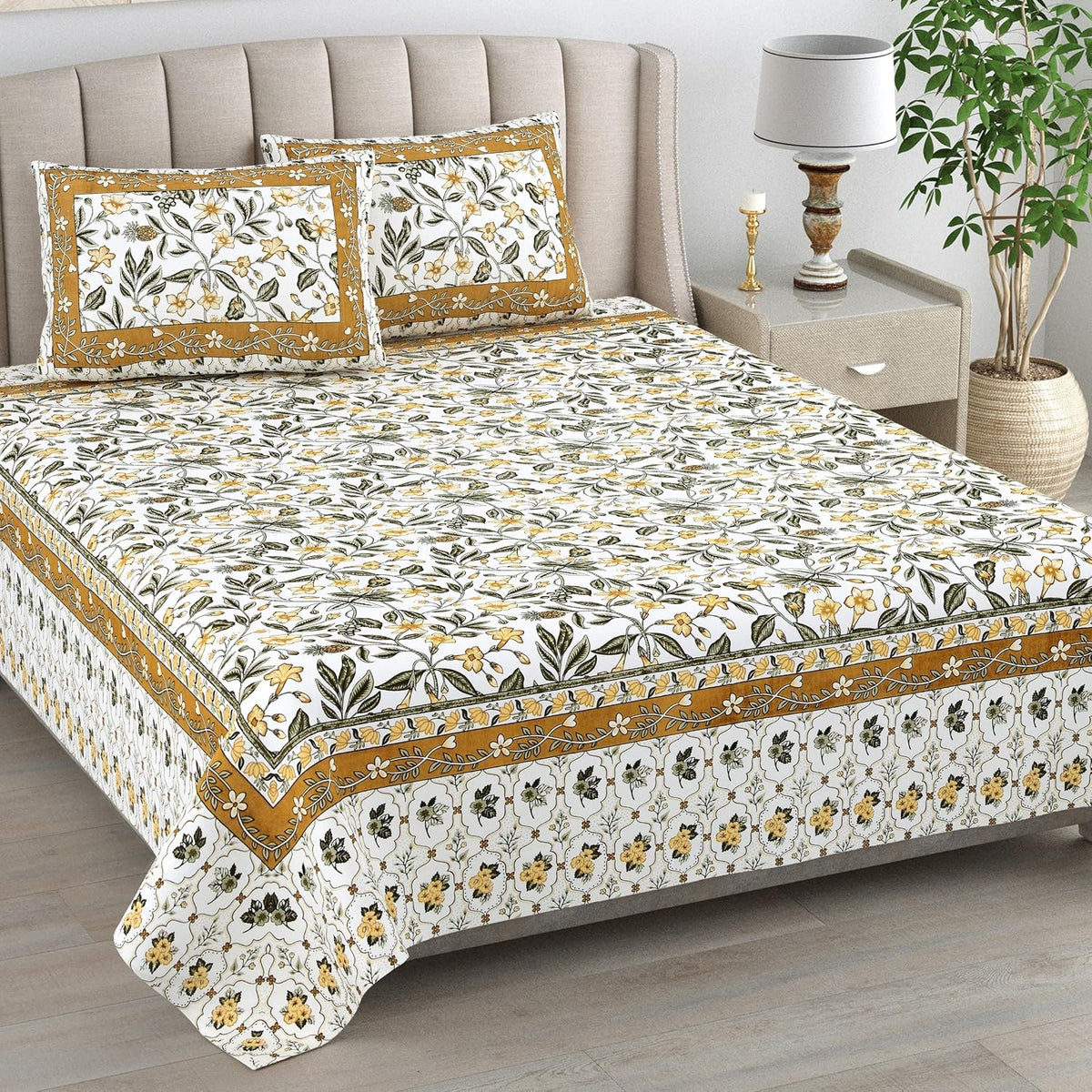 1 Queen Size Bedsheet For Double Bed With 2 Pillow Covers (90 X 108 Inches) Brown & White | Premium Cotton Material - Ideal For House, Hotel, Guest House
