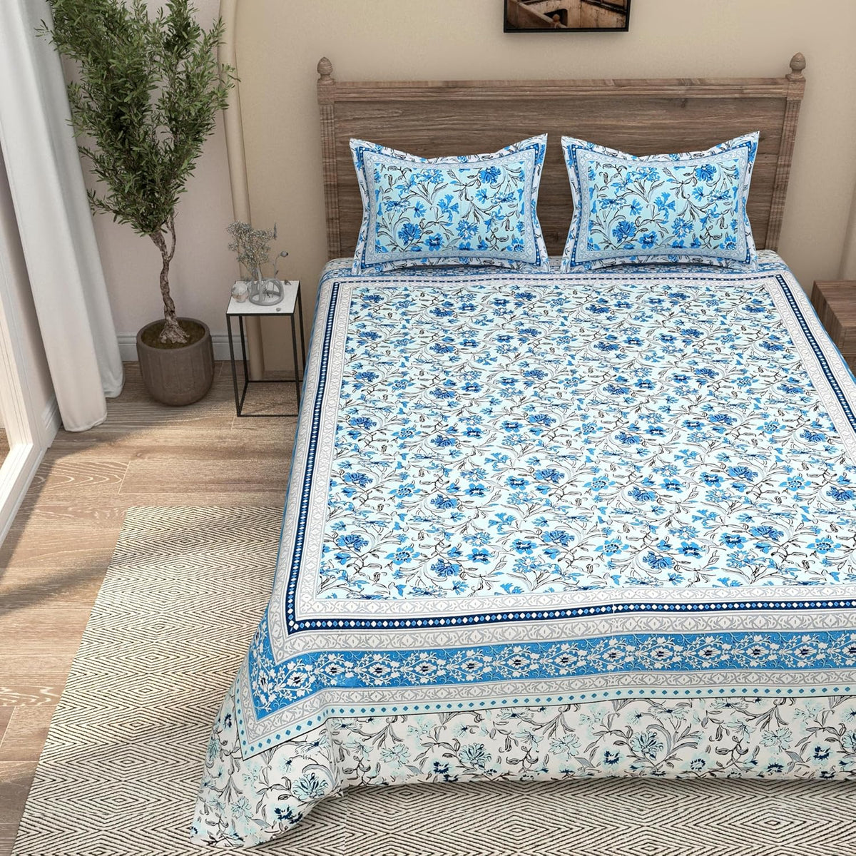 Traditional Rajasthani Design Bedsheet With 2 Pillow Covers - 90 X 108 Inches, Aqua & White | Color Fade Resistant & Shrinkage Resistant For All-Season Use