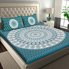 Rajasthani Jaipuri Bedsheets For Double Bed King Size With 2 Pillow Cover - 90 X 100 Inches, White & Green | Skin Friendly Fabric With Vibrant Colors
