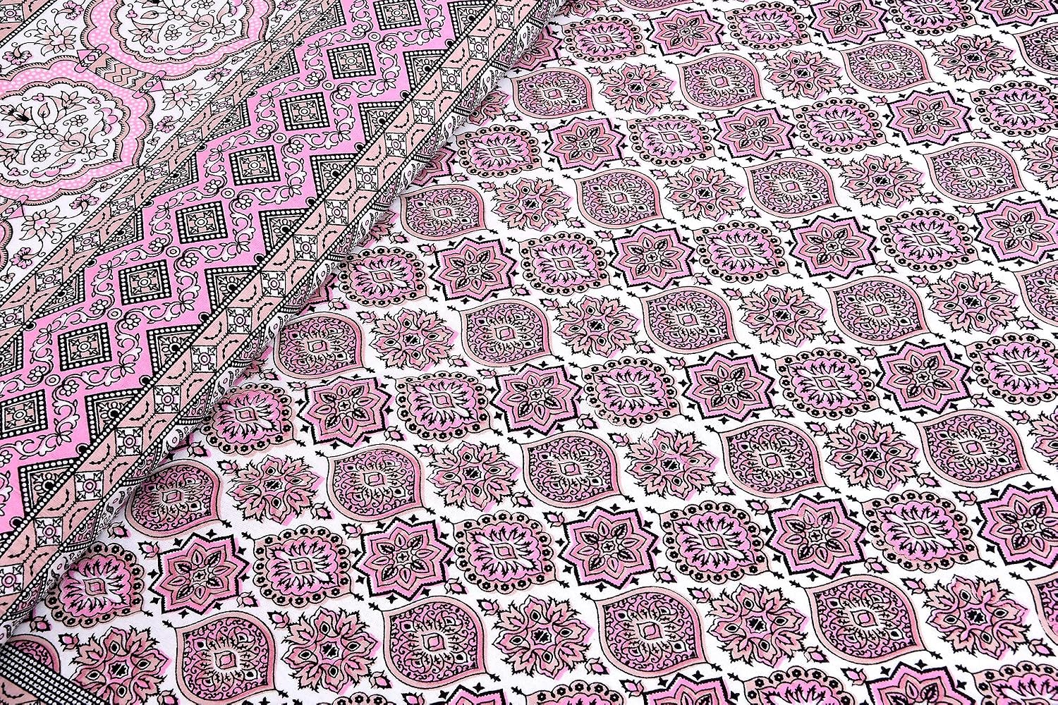 Traditional Rajasthani Design Bedsheet With 2 Pillow Covers - 90 X 108 Inches, Pink & White | Color Fade Resistant & Shrinkage Resistant For All-Season Use