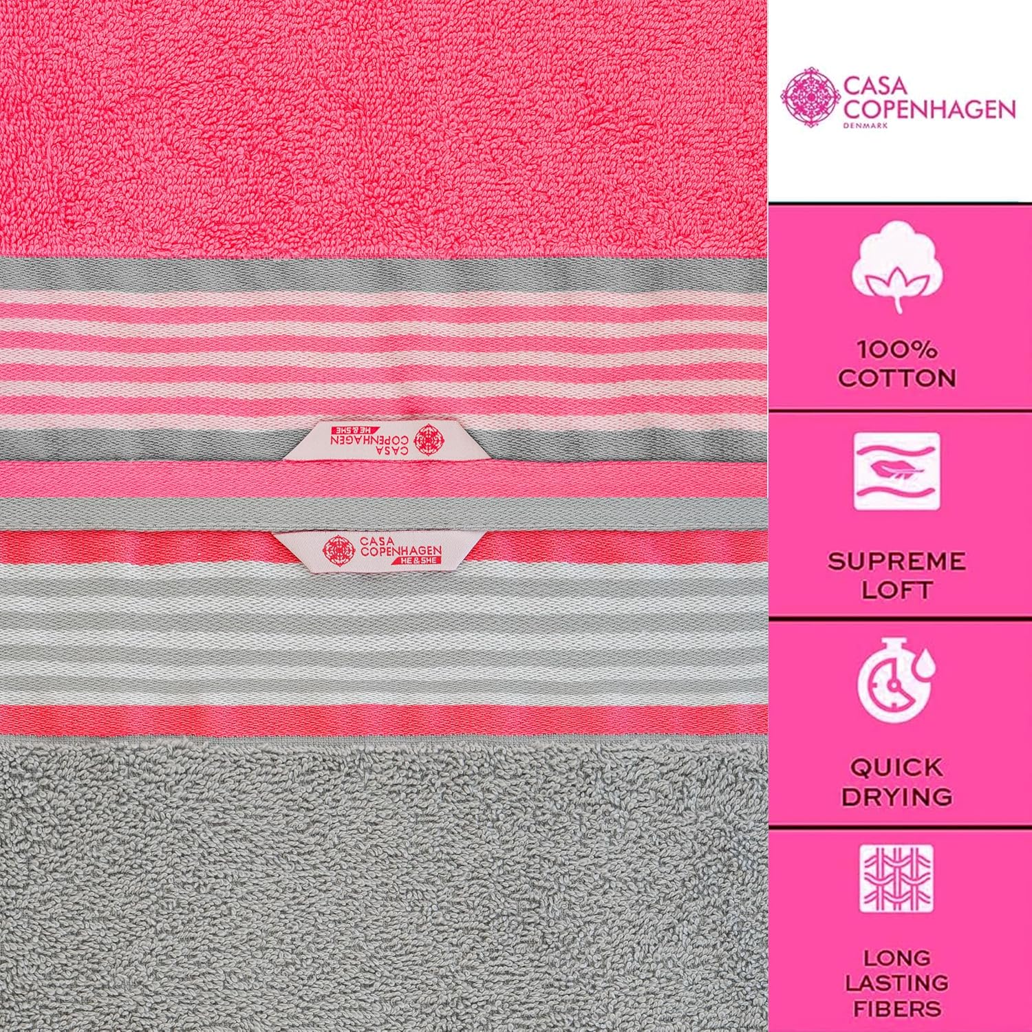 Casa Copenhagen Germany Design 2 Bath + 2 Hand & 2 Washcloths Towels 1800 Gsm | He & She Super Soft Collection 100% Cotton 6 Piece Towel Set - Grey Violet & Dusty Pink