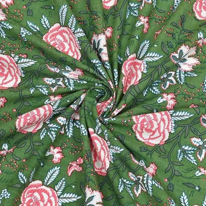 Traditional Hand Block Printed Cotton King Size Bedsheet With 2 Pillow Covers, 104 X 104 Inches, Green | 200 Thread Count-Vibrant Bedding For Stylish Bedrooms