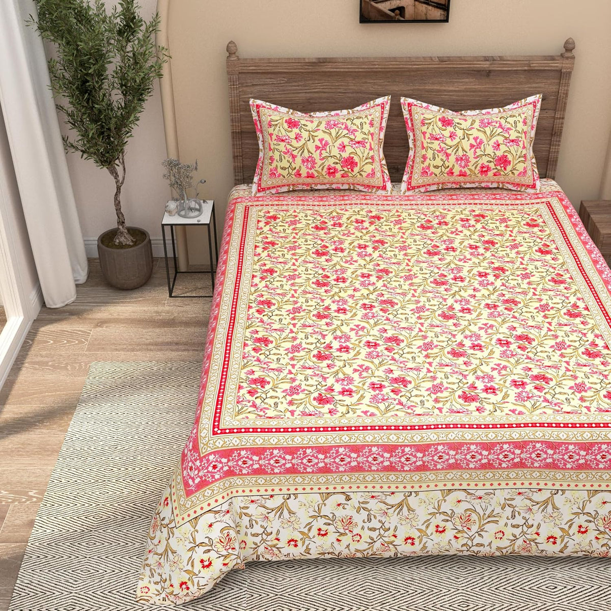 Traditional Rajasthani Design Bedsheet With 2 Pillow Covers - 90 X 108 Inches, Yellow & Pink | Color Fade Resistant & Shrinkage Resistant For All-Season Use