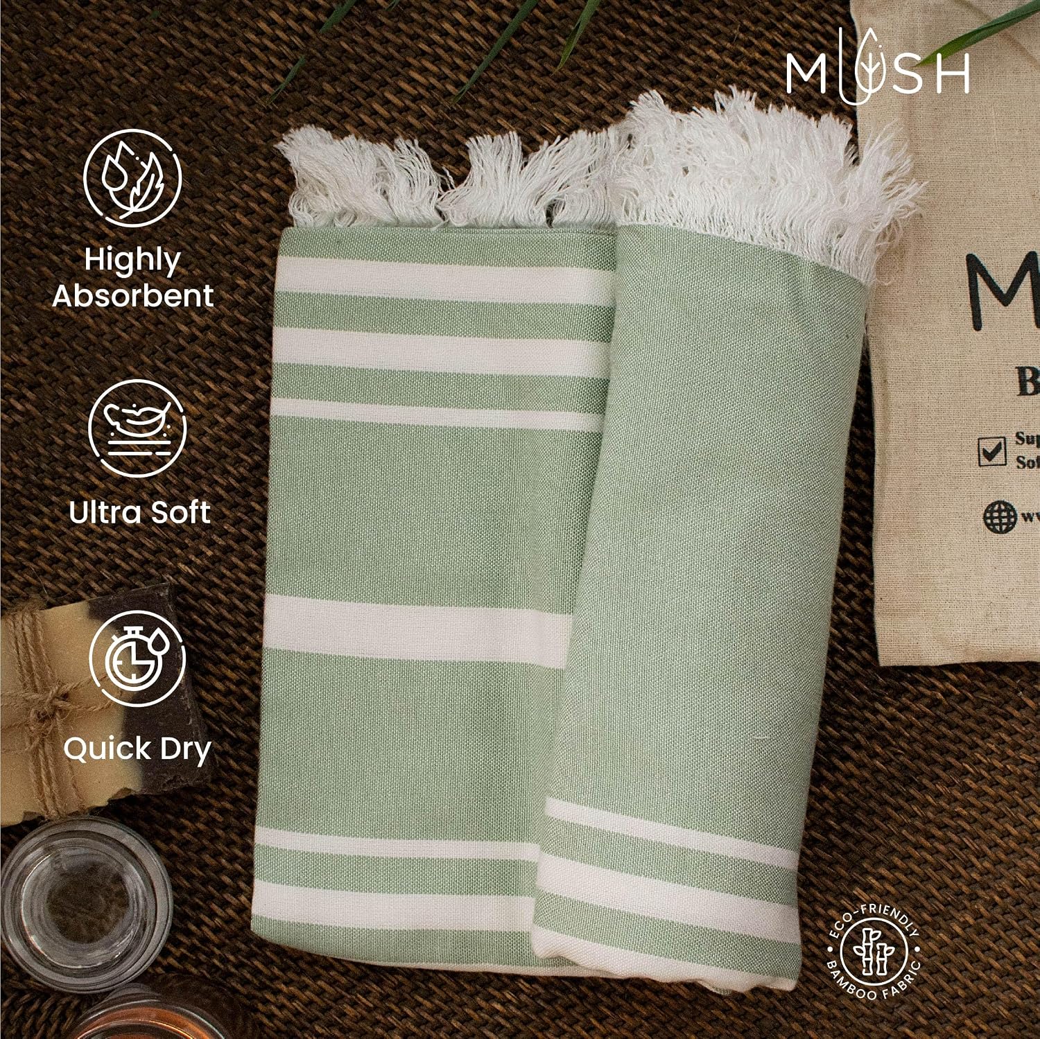 Mush 100% Bamboo Large Bath Towel 280 Gsm | Ultra Soft, Absorbent, Light Weight, & Quick Dry Towel For Bath, Travel, Gym, Beach, Pool & Yoga (Green) 250 Tc