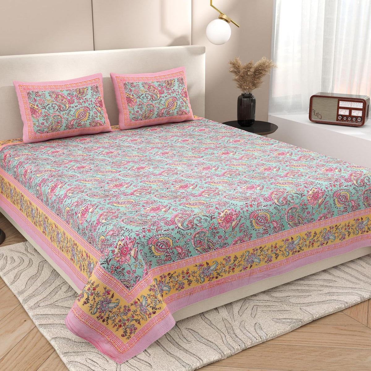 1 Queen Size Bedsheet For Double Bed With 2 Pillow Covers (90 X 108 Inches) Sky Blue & Pink | Beautiful Printed Designs - Breathable 100% Cotton Bedsheet Comfortable