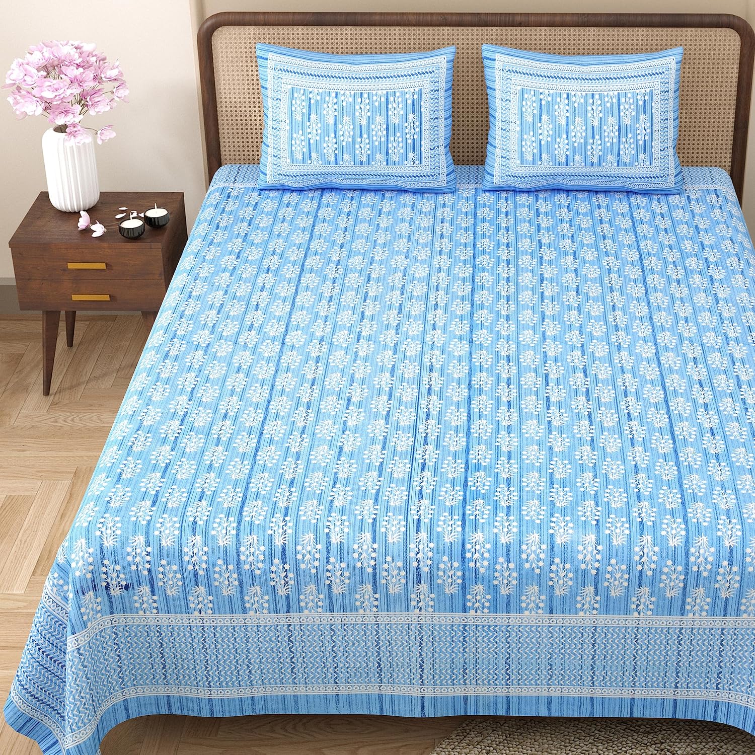 Jaipuri Bedsheets For Double Bed King Size With 2 Pillow Covers - 90 X 108 Inches, Light Blue | Soft & Durable For Everyday Use & Bedroom - All Season Comfort