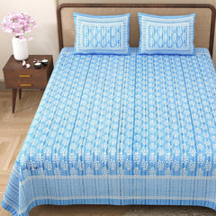 Jaipuri Bedsheets For Double Bed King Size With 2 Pillow Covers - 90 X 108 Inches, Light Blue | Soft & Durable For Everyday Use & Bedroom - All Season Comfort