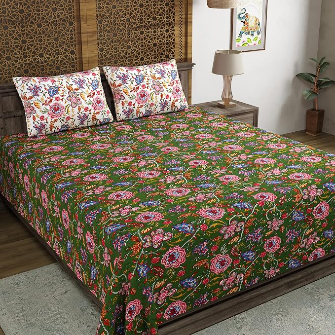 Hand Block Printed Cotton King Size Bedsheet With 2 Pillow Covers, 106 X 106 Inches, Green | 200 Thread Count-Good For Villas, Resorts, Guest Houses, & Daily Home Use