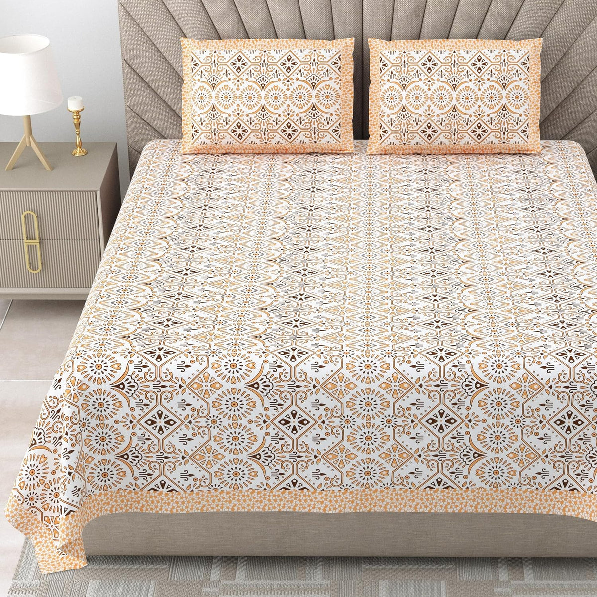 Bedsheet For Queen Bed With 2 Pillow Covers - 90 X 108 Inches, Orange & White | Pure Cotton Traditional Jaipuri Printed | Ideal For Both Everyday Use & Special Events