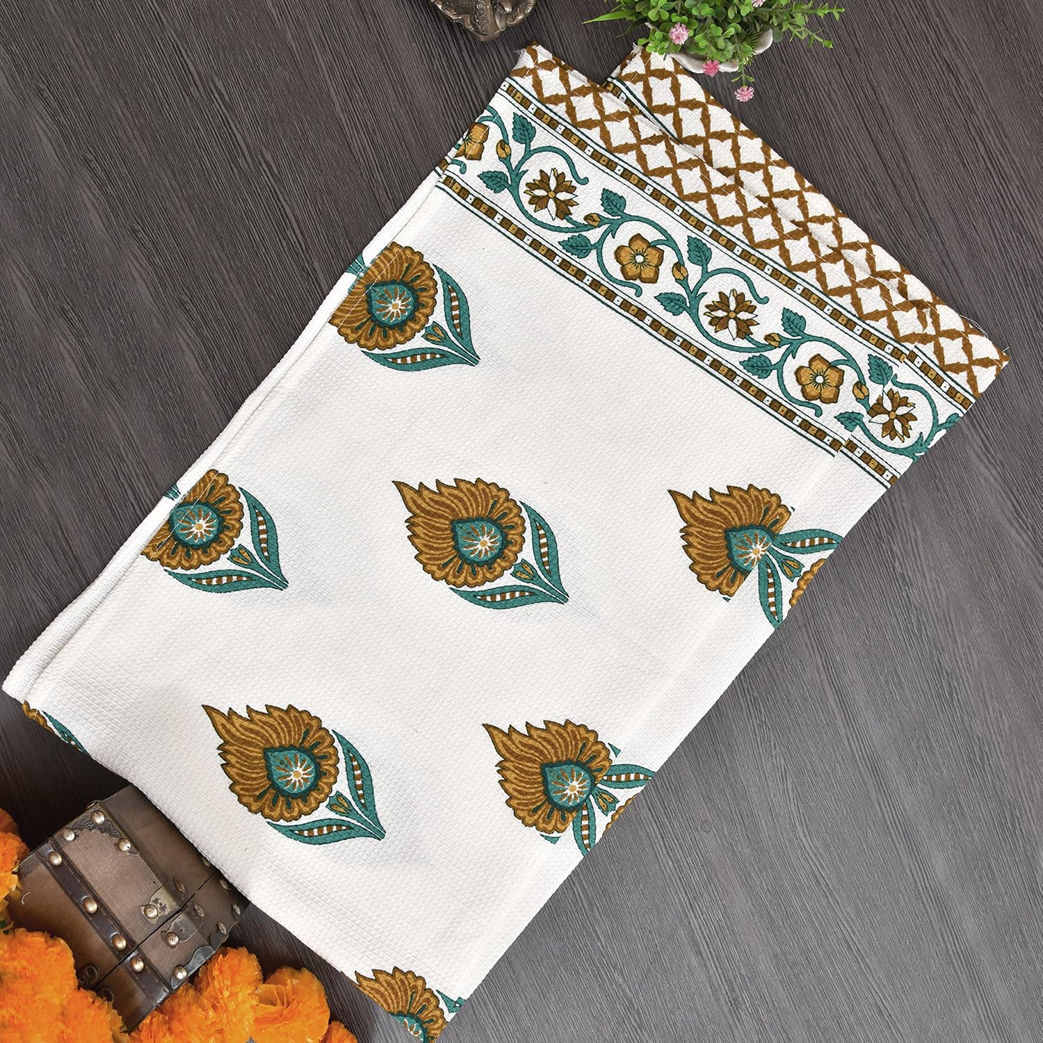Mafatlal 100% Cotton Waffle Towel Large Size 200 Gsm | Light Weight, Quick Dry, Hand Printed, Floral Designs & Craft, Super Absorbent Towel (Madhuban Collection)