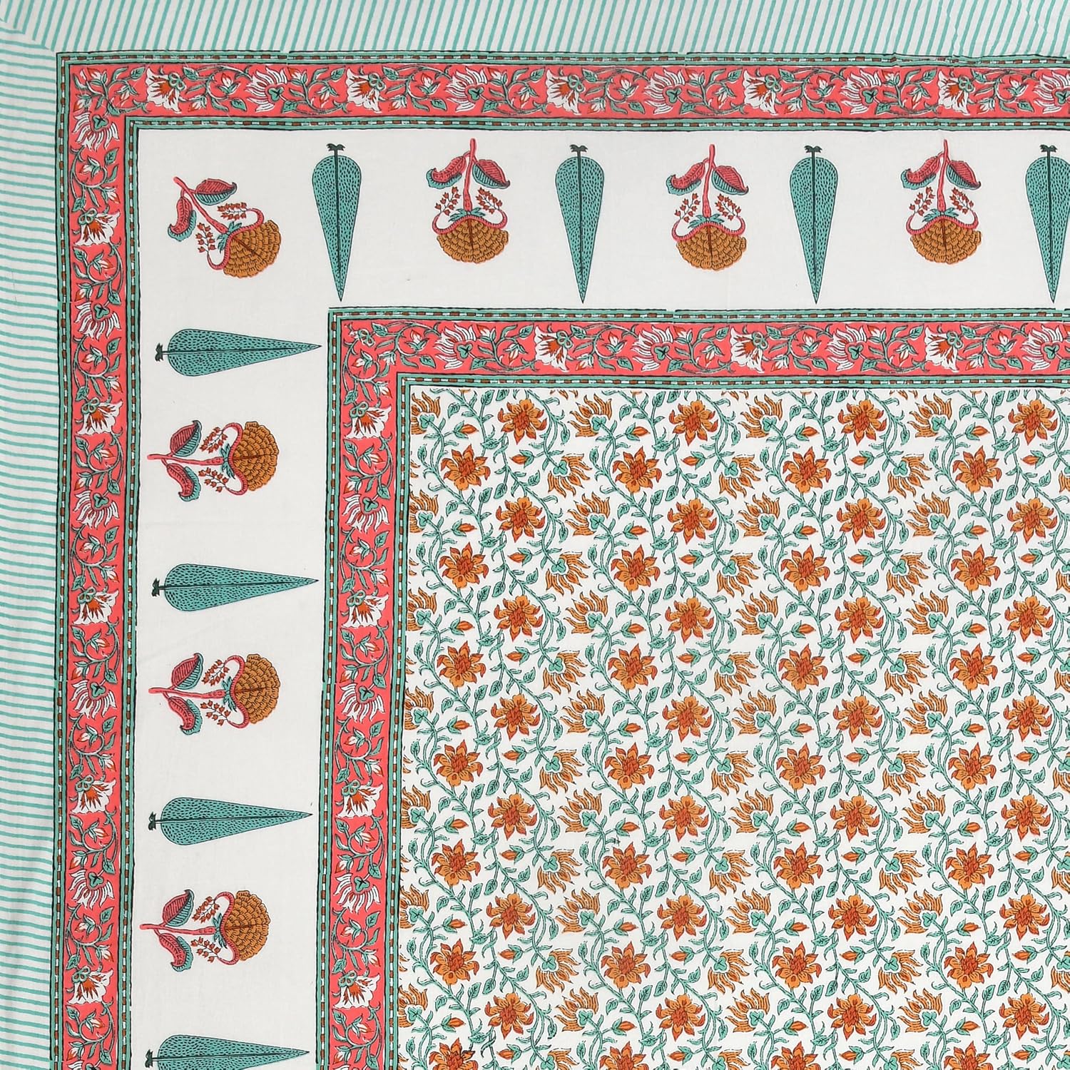 Double Bedsheet For King Size With 2 Matching Pillow Covers (90 X 108 Inches) Green & Red | Pure Cotton Jaipuri Bedsheet | Cotton Bedsheet Is Suitable For All Seasons