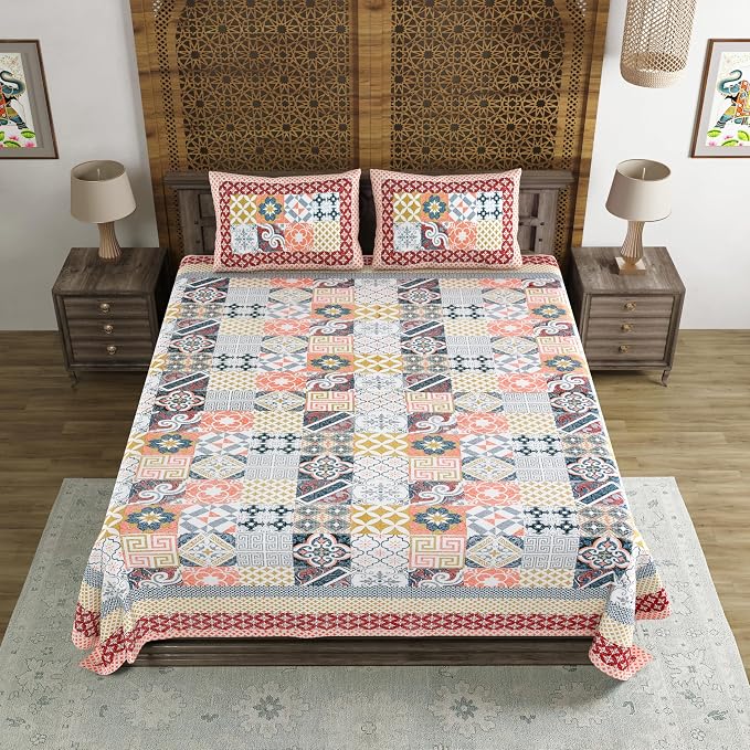 Hand Block Printed Cotton King Size Bedsheet With 2 Pillow Covers, 90 X 108 Inches, Multicolor | Good For Villas, Guest Houses, & Daily Home Use