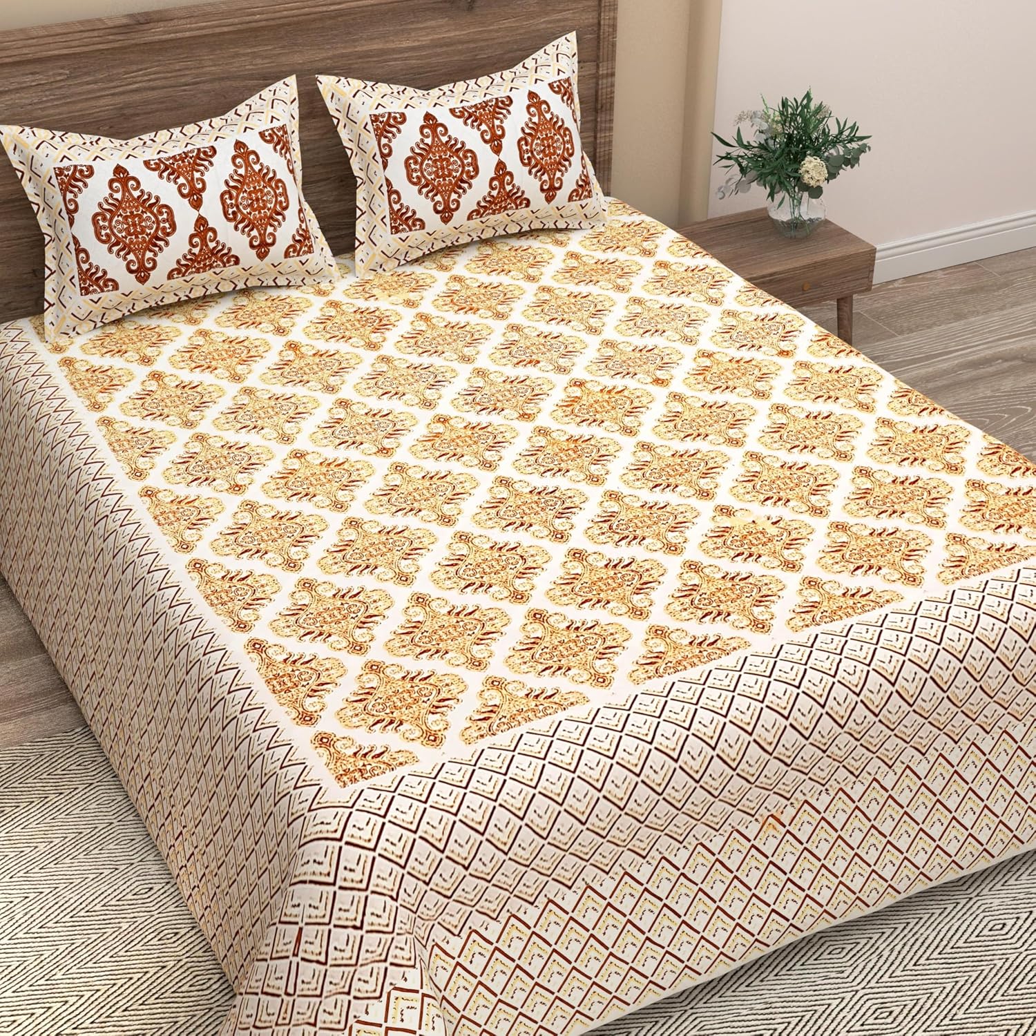 100% Cotton Jaipuri Bedsheet For King Size (90 X 103 Inches, Yellow) With 2 Pillow Covers | Perfect For Everyday Use, Guest Rooms, Or Gifting On Special Occasions